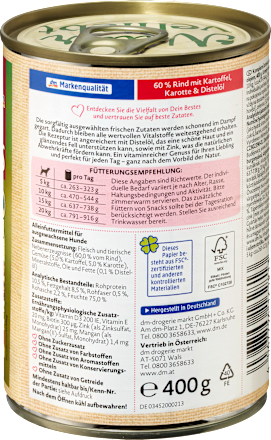Nat hondenvoer met rundvlees, aardappel, wortel & saffloerolie, Naturverliebt, 400 g