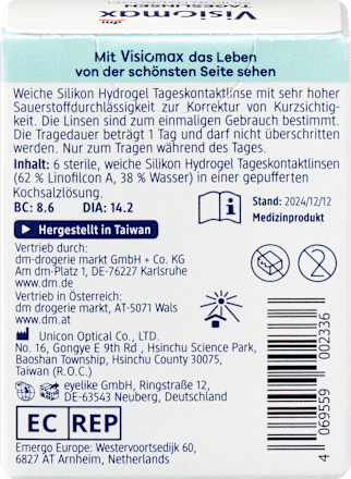 Silikon-Hydrogel Tageslinsen Dioptrie -1,25, 6 St