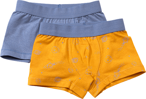 Boxershorts mit Weltall-Muster, gelb + blau, Gr. 98/104, 2 St