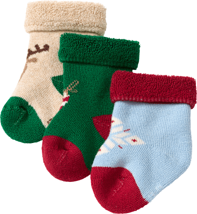 Erstlingssocken mit Weihnachts-Motiven, beige + grün + blau, Gr. 13/14, 3 St