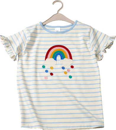 T-shirt met regenboogapplicatie en ruches, blauw &amp; wit, maat 98, 1 stuk
