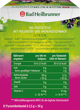 Vruchtenthee, warme vlierbes met aronia (12 theezakjes), 30 g