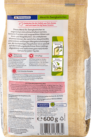 Knaagdiervoer, menu voor dwergkonijnen, graanvrij, Naturverliebt, 600 g