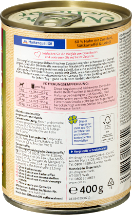 Nat hondenvoer met kip &amp; courgette, zoete aardappel &amp; lijnolie, Naturverliebt, 400 g