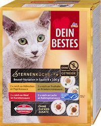 Nat kattenvoer rijk aan kip, kalkoen, rundvlees en zalm, Star Cuisine Multipack (8 x 100 g), 800 g