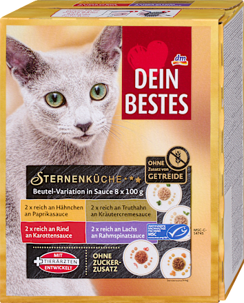Nat kattenvoer rijk aan kip, kalkoen, rundvlees en zalm, Star Cuisine Multipack (8 x 100 g), 800 g