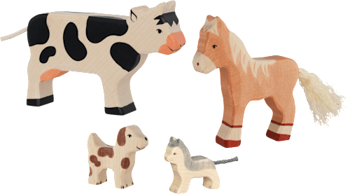 Holztiger houten speelgoedfigurenset, koe/veulen/kat/hond, 1 stuk