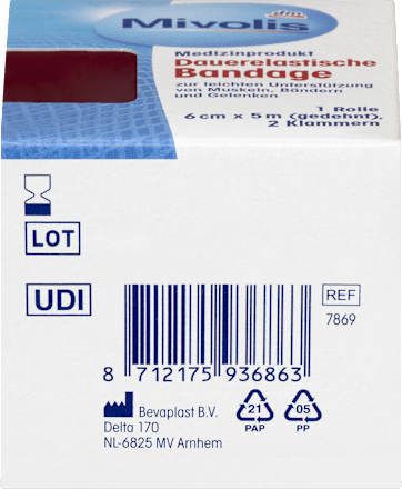 Blijvend elastisch verband, 6 cm x 5 m (uitgerekt), 1 rol, 1 stuk