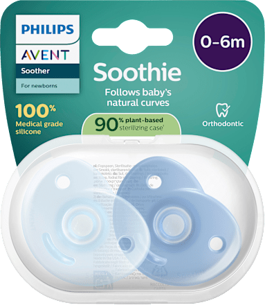 Soothie siliconen fopspeen, blauw, 0-6 maanden, 2 stuks