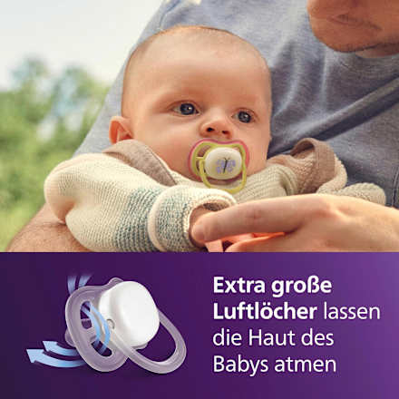 Ultra Air Nachtfopspeen van siliconen, geel/paars, 0-6 maanden, 2 stuks