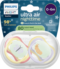 Ultra Air Nachtfopspeen van siliconen, geel/paars, 0-6 maanden, 2 stuks