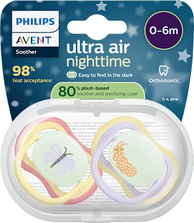 Ultra Air Nachtfopspeen van siliconen, geel/paars, 0-6 maanden, 2 stuks