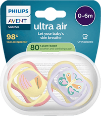 Schnuller ultra air Silikon, gelb/lila, 0-6 Monate, 2 St