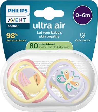 Schnuller ultra air Silikon, gelb/lila, 0-6 Monate, 2 St
