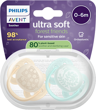 Fopspeen ultrazacht, forest friends siliconen, crème/mint, 0-6 maanden, 2 stuks