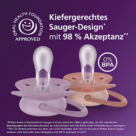 Schnuller ultra soft Silikon, lila/rosa, 6-18 Monate, 2 St