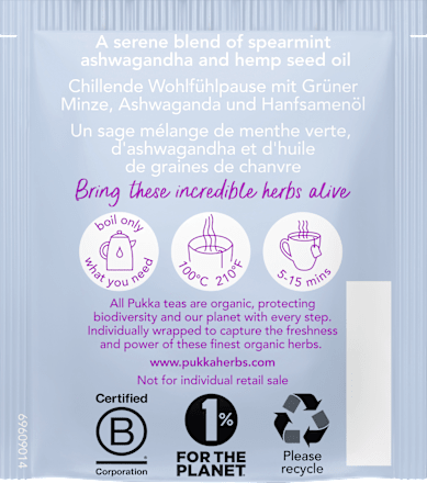 Kruidenthee "Peace" met groene munt, ashwagandha en hennepolie (20 theezakjes), 30 g