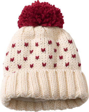 Mütze aus Strick mit Bommel, beige & rot, Gr. 52/53, 1 St