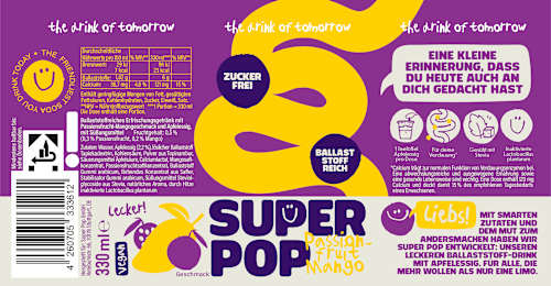 Frisdrank, Super Pop Passievrucht-Mango, 0,33 l, voor eenmalig gebruik