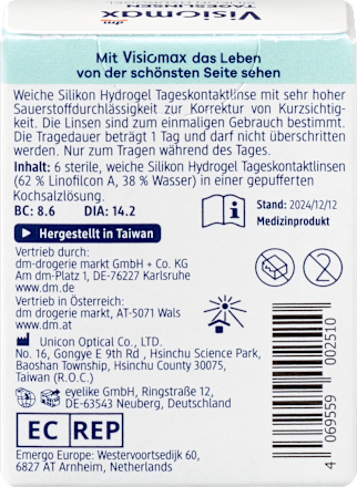 Silikon-Hydrogel Tageslinsen Dioptrie -2,75, 6 St